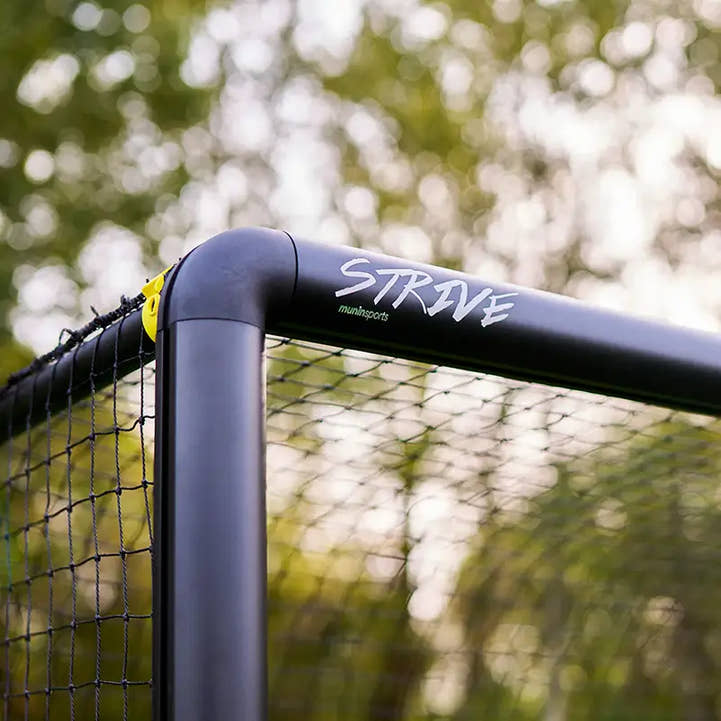 Strive logo on black aluminum crossbar of 5x10 ft soccer goal