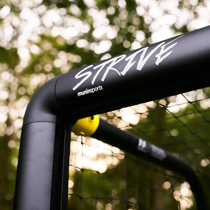 Strive logo on aluminum frame of 4x6 ft soccer goal for kids